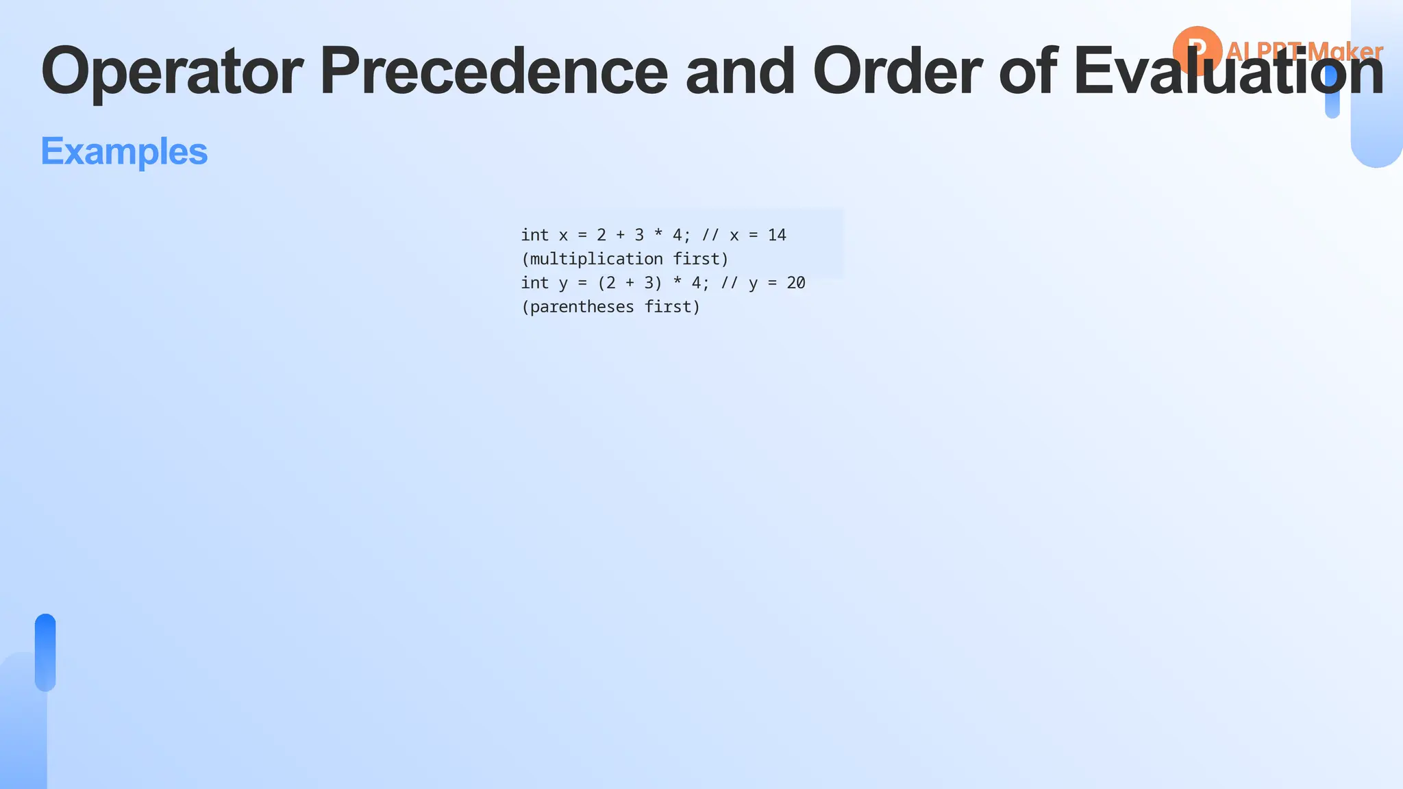 Operator Precedence and Order of Evaluation
Examples
int x = 2 + 3 * 4; // x = 14
(multiplication first)
int y = (2 + 3) * 4; // y = 20
(parentheses first)
 