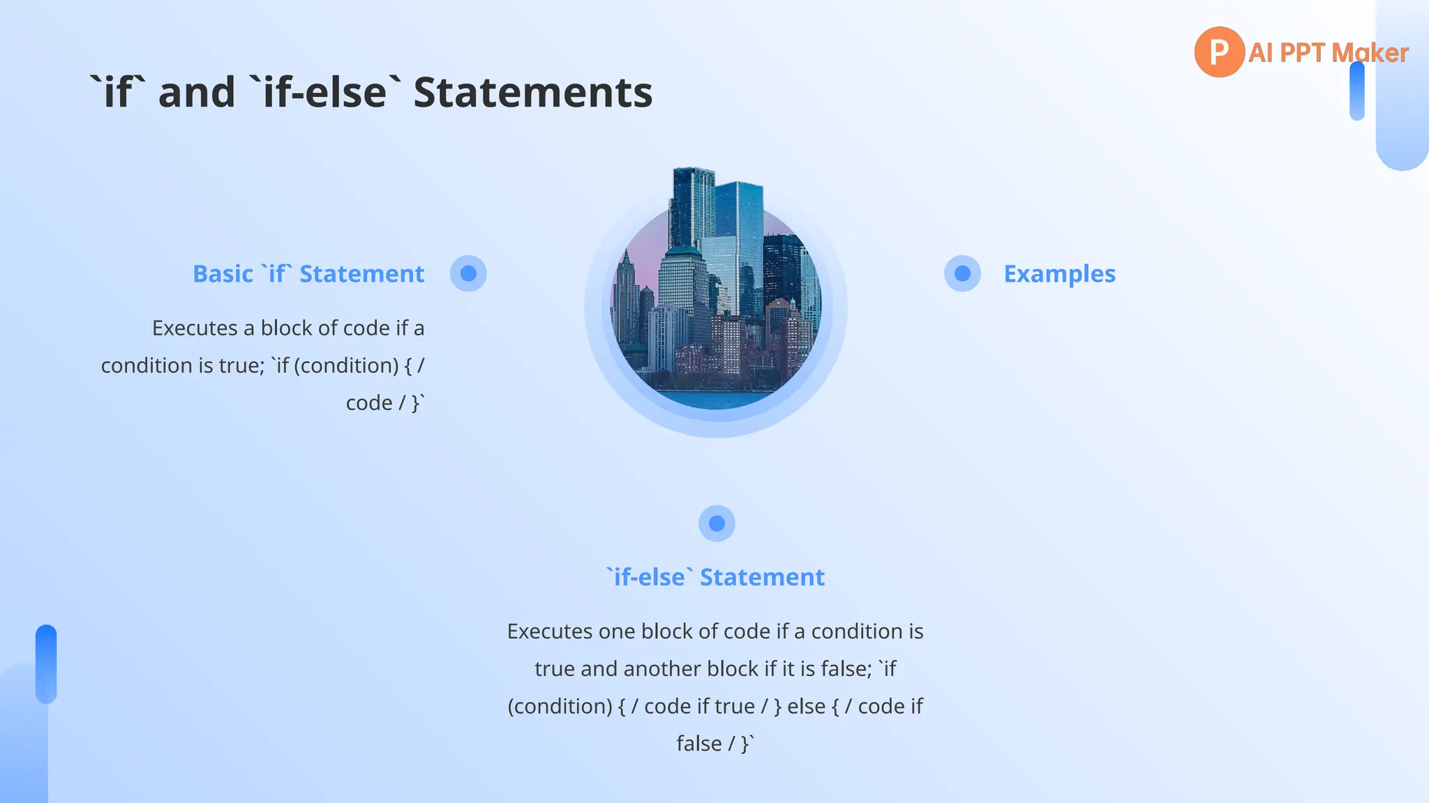 `if` and `if-else` Statements
Basic `if` Statement
Executes a block of code if a
condition is true; `if (condition) { /
code / }`
`if-else` Statement
Executes one block of code if a condition is
true and another block if it is false; `if
(condition) { / code if true / } else { / code if
false / }`
Examples
 