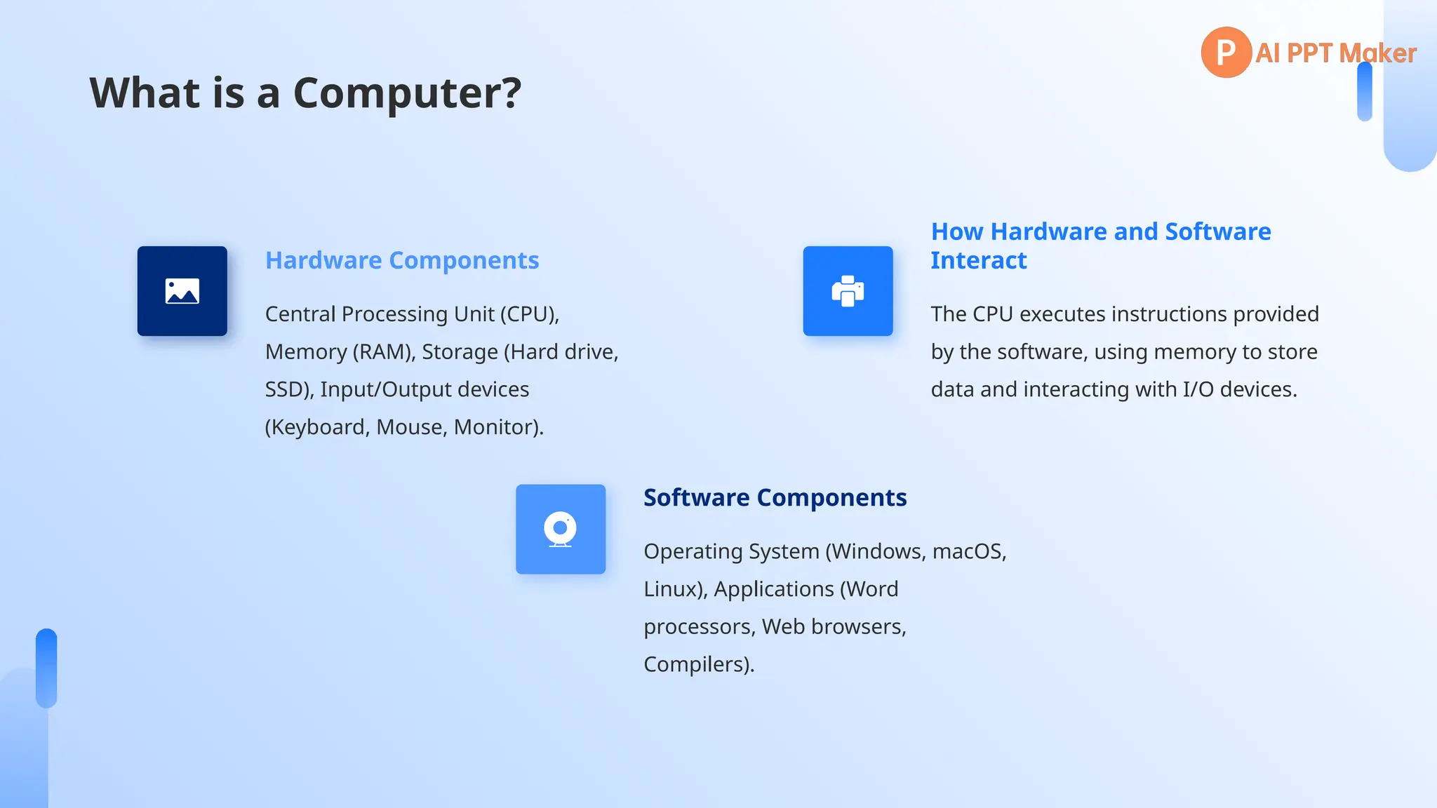 Central Processing Unit (CPU),
Memory (RAM), Storage (Hard drive,
SSD), Input/Output devices
(Keyboard, Mouse, Monitor).
Hardware Components
The CPU executes instructions provided
by the software, using memory to store
data and interacting with I/O devices.
How Hardware and Software
Interact
Operating System (Windows, macOS,
Linux), Applications (Word
processors, Web browsers,
Compilers).
Software Components
What is a Computer?
 