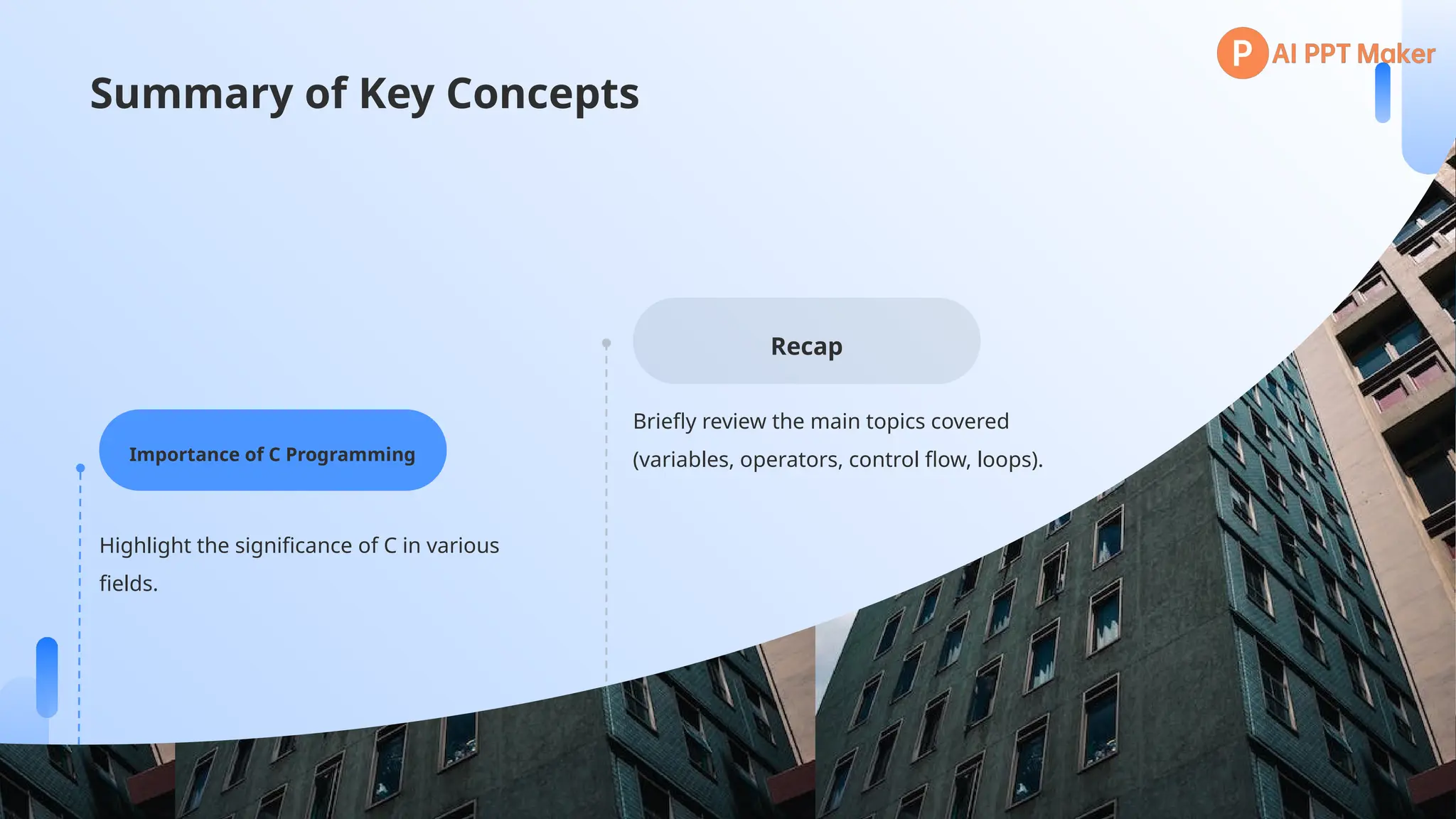 Importance of C Programming
Highlight the significance of C in various
fields.
Recap
Briefly review the main topics covered
(variables, operators, control flow, loops).
Summary of Key Concepts
 