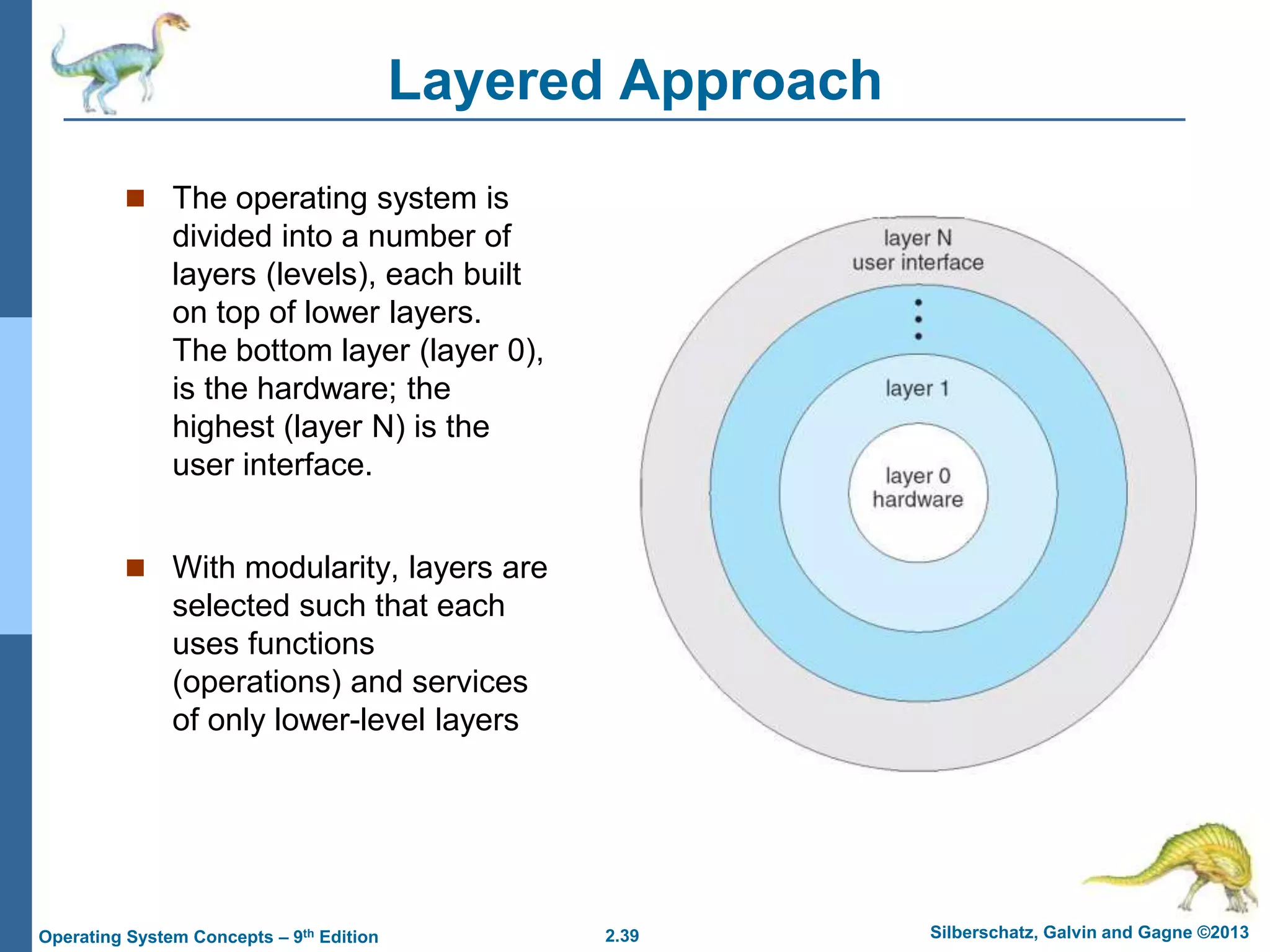 2.39 Silberschatz, Galvin and Gagne ©2013Operating System Concepts – 9th Edition
Layered Approach
 The operating system is
divided into a number of
layers (levels), each built
on top of lower layers.
The bottom layer (layer 0),
is the hardware; the
highest (layer N) is the
user interface.
 With modularity, layers are
selected such that each
uses functions
(operations) and services
of only lower-level layers
 