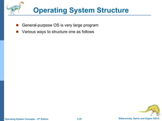 2.35 Silberschatz, Galvin and Gagne ©2013Operating System Concepts – 9th Edition
Operating System Structure
 General-purpose OS is very large program
 Various ways to structure one as follows
 