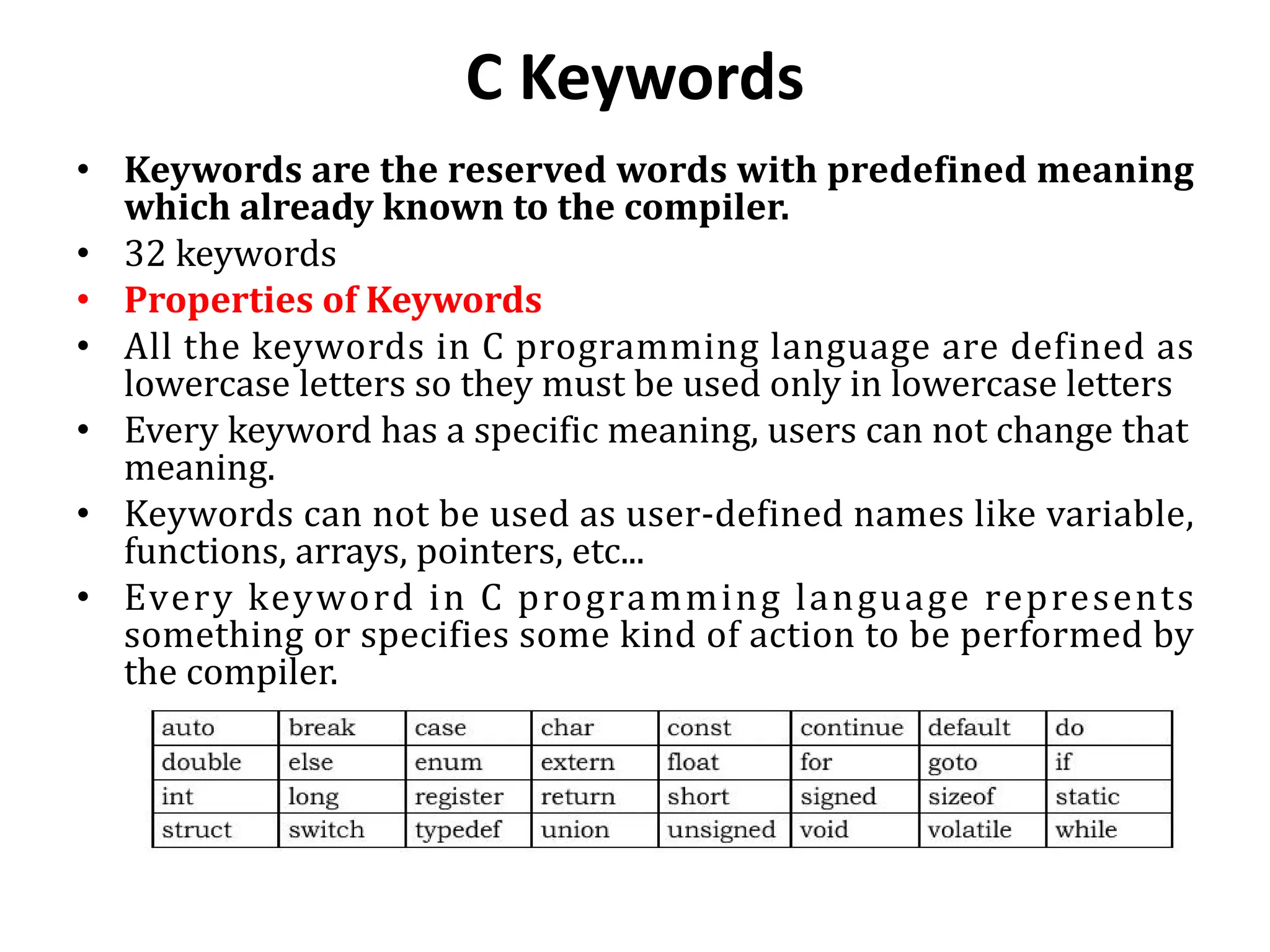 C Keywords • Keywords are the reserved words with predefined meaning which already known to the compiler. • 32 keywords • Properties of Keywords • All the keywords in C programming language are defined as lowercase letters so they must be used only in lowercase letters • Every keyword has a specific meaning, users can not change that meaning. • Keywords can not be used as user-defined names like variable, functions, arrays, pointers, etc... • Every keyword in C programming language represents something or specifies some kind of action to be performed by the compiler. 