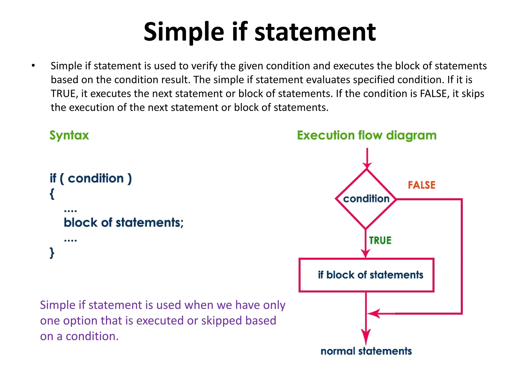 Simple if statement • Simple if statement is used to verify the given condition and executes the block of statements based on the condition result. The simple if statement evaluates specified condition. If it is TRUE, it executes the next statement or block of statements. If the condition is FALSE, it skips the execution of the next statement or block of statements. Simple if statement is used when we have only one option that is executed or skipped based on a condition. 