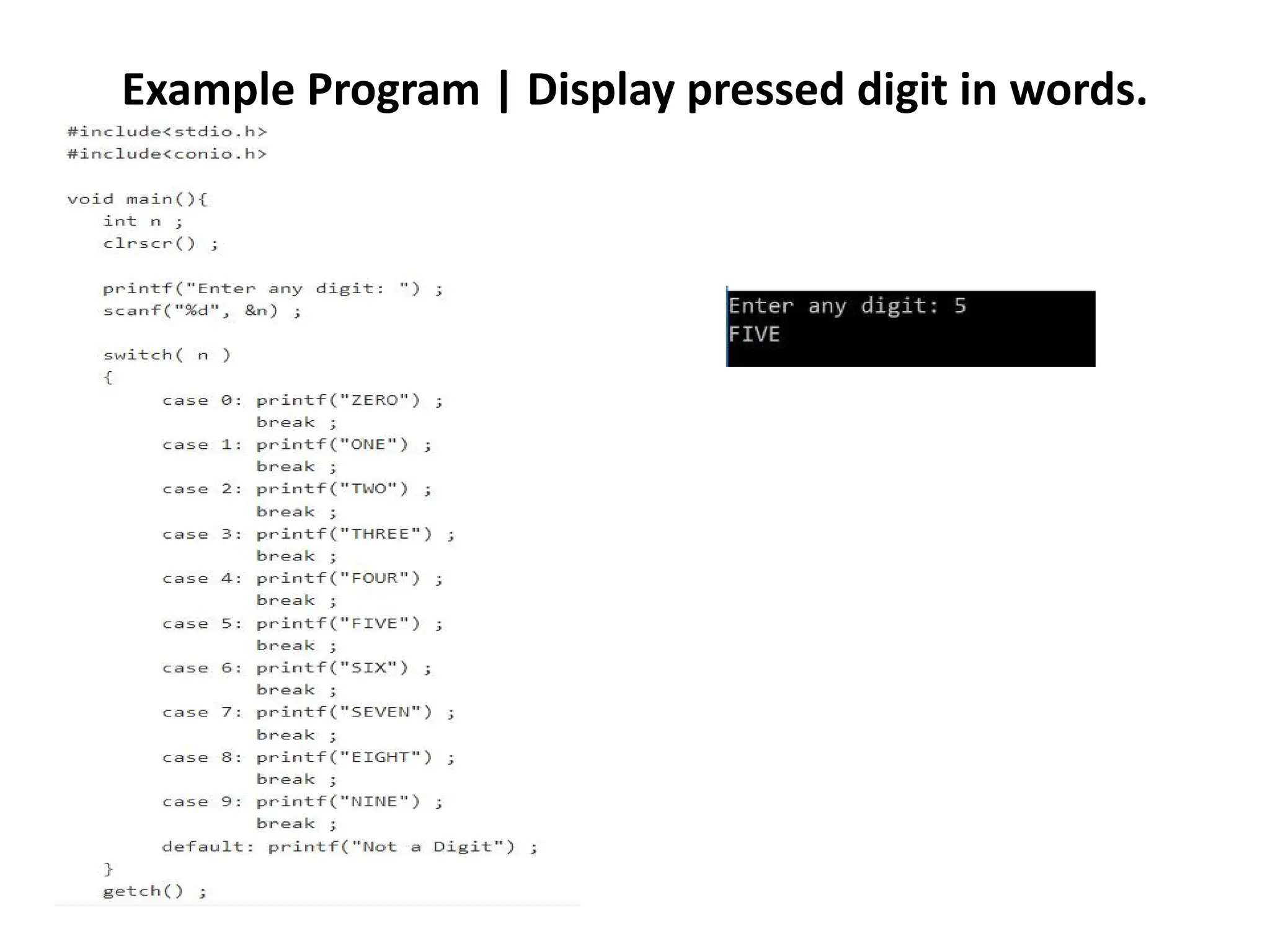 Example Program | Display pressed digit in words. 