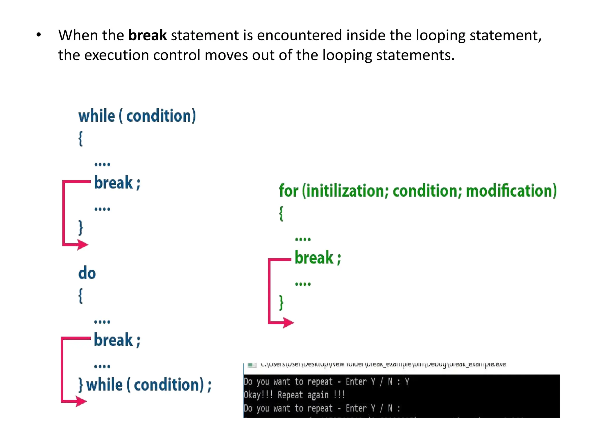 • When the break statement is encountered inside the looping statement, the execution control moves out of the looping statements. 