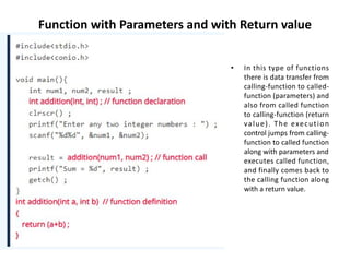 Function with Parameters and with Return value
• In this type of functions
there is data transfer from
calling-function to called-
function (parameters) and
also from called function
to calling-function (return
value). The execution
control jumps from calling-
function to called function
along with parameters and
executes called function,
and finally comes back to
the calling function along
with a return value.
 