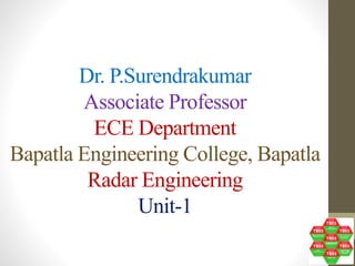 Dr. P.Surendrakumar
Associate Professor
ECE Department
Bapatla Engineering College, Bapatla
Radar Engineering
Unit-1
 