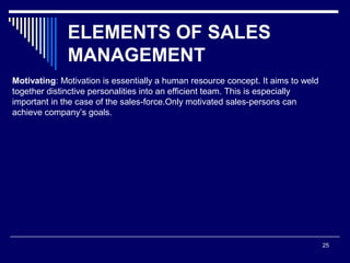 ELEMENTS OF SALES
MANAGEMENT
25
Motivating: Motivation is essentially a human resource concept. It aims to weld
together distinctive personalities into an efficient team. This is especially
important in the case of the sales-force.Only motivated sales-persons can
achieve company’s goals.
 