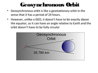 Geosynchronous Orbit
• Geosynchronous orbit is like a geostationary orbit in the
sense that it has a period of 24 hours.
• However, unlike a GEO, it doesn’t have to be exactly above
the equator, as it can have an angle relative to Earth and the
orbit doesn’t have to be fully circular
Introduction to Satellite Communications Presented by Sally Sheridan
 