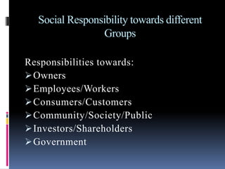 Social Responsibility towards different
Groups
Responsibilities towards:
Owners
Employees/Workers
Consumers/Customers
Community/Society/Public
Investors/Shareholders
Government
 