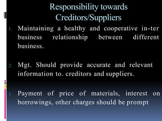 Responsibility towards
Creditors/Suppliers
1. Maintaining a healthy and cooperative in-ter
business relationship between different
business.
2. Mgt. Should provide accurate and relevant
information to. creditors and suppliers.
1. Payment of price of materials, interest on
borrowings, other charges should be prompt
 