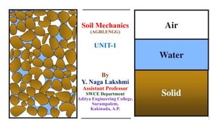 Soil Mechanics
(AGRI.ENGG)
UNIT-1
By
Y. Naga Lakshmi
Assistant Professor
SWCE Department
Aditya Engineering College,
Surampalem,
Kakinada, A.P.
1
 
