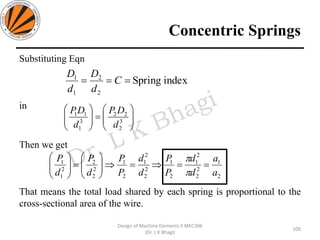 Concentric Springs
Substituting Eqn
in
Then we get
That means the total load shared by each spring is proportional to the
cross-sectional area of the wire.
100
Design of Machine Elements II MEC306
(Dr. L K Bhagi)
indexSpring
2
2
1
1
=== C
d
D
d
D






=





3
2
22
3
1
11
d
DP
d
DP
2
1
2
2
2
1
2
1
2
2
2
1
2
1
2
2
2
2
1
1
a
a
d
d
P
P
d
d
P
P
d
P
d
P
===





=







 