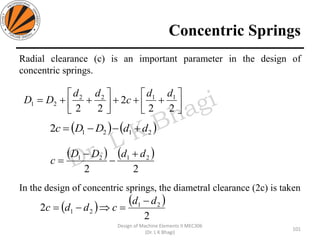 Concentric Springs
Radial clearance (c) is an important parameter in the design of
concentric springs.
In the design of concentric springs, the diametral clearance (2c) is taken
101
Design of Machine Elements II MEC306
(Dr. L K Bhagi)






+++





++=
22
2
22
1122
21
dd
c
dd
DD
( ) ( )21212 ddDDc +−−=
( ) ( )
22
2121 ddDD
c
+
−
−
=
( ) ( )
2
2 21
21
dd
cddc
−
=−=
 