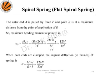 Spiral Spring (Flat Spiral Spring)
131
Design of Machine Elements II MEC306
(Dr. L K Bhagi)
The outer end A is pulled by force P and point B is at a maximum
distance from the point of application of P.
So, maximum bending moment at point B is
When both ends are clamped, the angular deflection (in radians) of
spring is
23
12
12
2
2
)2(
bt
M
bt
t
M
I
yrP
I
yMb
b =

=

==
3
12
Ebt
Ml
IE
lM
=


=
 