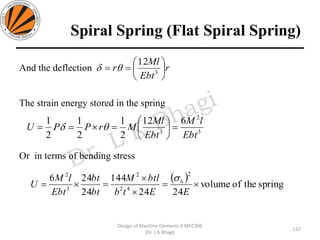 Spiral Spring (Flat Spiral Spring)
132
Design of Machine Elements II MEC306
(Dr. L K Bhagi)
And the deflection
The strain energy stored in the spring
Or in terms of bending stress
r
Ebt
Ml
r 





== 3
12

3
2
3
612
2
1
2
1
2
1
Ebt
lM
Ebt
Ml
MrPPU =





=== 
( ) springtheofvolume
2424
144
24
246
2
42
2
3
2
=


==
EEtb
btlM
bt
bt
Ebt
lM
U b
 