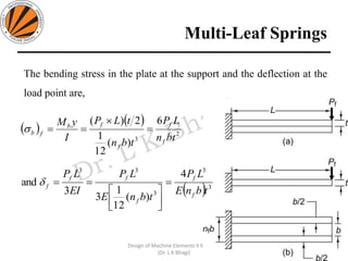 Multi-Leaf Springs
152
Design of Machine Elements II MEC306
(Dr. L K Bhagi)
The bending stress in the plate at the support and the deflection at the
load point are,
( )
( )
2
3
6
)(
12
1
2)(
btn
LP
tbn
tLP
I
yM
f
f
f
fb
fb =

==
( ) 3
3
3
33
4
)(
12
1
3
3
and
tbnE
LP
tbnE
LP
EI
LP
f
f
f
ff
f =




==
 
