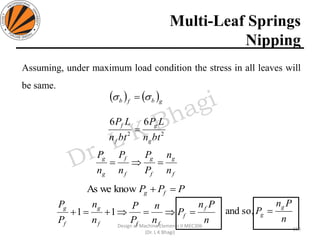 Multi-Leaf Springs
Nipping
159
Design of Machine Elements II MEC306
(Dr. L K Bhagi)
Assuming, under maximum load condition the stress in all leaves will
be same.
22
66
btn
LP
btn
LP
g
g
f
f
=
( ) ( )gbfb  =
f
g
f
g
f
f
g
g
n
n
P
P
n
P
n
P
==
PPP fg =+knowweAs
n
Pn
P
n
n
P
P
n
n
P
P f
f
fff
g
f
g
==+=+ 11
n
Pn
P
g
g =so,and
 
