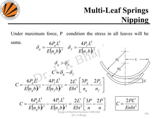Multi-Leaf Springs
Nipping
Design of Machine Elements II MEC306
(Dr. L K Bhagi)
Under maximum force, P condition the stress in all leaves will be
same.
fg  
( ) 3
3
4
tbnE
LP
f
f
f =
( ) 3
3
6
tbnE
LP
g
g
g =
( ) ( ) 







−=−=
f
f
g
g
f
f
g
g
n
P
n
P
Ebt
L
tbnE
LP
tbnE
LP
C
23246
3
3
3
3
3
3
fgC  −=
( ) ( ) 





−=−=
n
P
n
P
Ebt
L
tbnE
LP
tbnE
LP
C
f
f
g
g 23246
3
3
3
3
3
3
3
3
2
Enbt
PL
C =
160
 