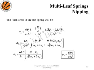 Multi-Leaf Springs
Nipping
Design of Machine Elements II MEC306
(Dr. L K Bhagi)
The final stress in the leaf spring will be
( )
222
5.062
66
btn
PPL
btn
L
P
btn
LP
f
if
f
i
f
f
b
−
=−=
( ) ( )







+

−
+
=
gf
fg
gf
f
f
b
nnn
Pnn
nn
Pn
btn
L
23
25.0
23
36
2

( )







+
−
=
gf
g
b
nnn
nn
bt
LP
23
36
2
 2
6
nbt
PL
b =
163
 
