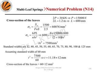Design of Machine Elements II MEC306
(Dr. L K Bhagi)
Cross-section of the leaves
( ) 22
102
600150006
600
6
btnbt
PL
b
+

==
32
mm7500=bt
2
N/mm600
5.2
1500
===
FoS
Syt
b
mm600m2.12
15000kN302
==
==
LL
NPP
Standard widths are 32, 40, 45, 50, 55, 60, 65, 70, 75, 80, 90, 100 & 125 mm
Assuming standard width of 60 mm
mm1211.18
60
75002
== tt
Cross-section of the leaves = 60×12 mm2
Multi-Leaf Springs >Numerical Problem (N14)
170
 