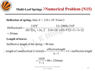 Design of Machine Elements II MEC306
(Dr. L K Bhagi)
Deflection of spring (Take E = 210 x 103 N/mm2)
( ) ( )
mm30
235296510210
510300012
32
12
Deflection 33
3
3
3
=
+

=
+
=
fg nnEbt
PL

Length of leaves
Ineffective length of the spring = 80 mm
lengtheineffectiv1
1n
lengtheffective
leaf)(1stleafsmallestoflength +
−
=
mm25080
17
1020
=+
−
=
Multi-Leaf Springs >Numerical Problem (N15)
174
 