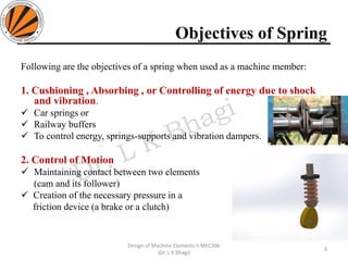 Objectives of Spring
Following are the objectives of a spring when used as a machine member:
1. Cushioning , Absorbing , or Controlling of energy due to shock
and vibration.
✓ Car springs or
✓ Railway buffers
✓ To control energy, springs-supports and vibration dampers.
2. Control of Motion
✓ Maintaining contact between two elements
(cam and its follower)
✓ Creation of the necessary pressure in a
friction device (a brake or a clutch)
3
Design of Machine Elements II MEC306
(Dr. L K Bhagi)
 