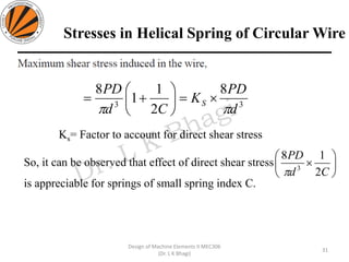 Stresses in Helical Spring of Circular Wire
31
Design of Machine Elements II MEC306
(Dr. L K Bhagi)
33
8
2
1
1
8
d
PD
K
Cd
PD
S

=





+=
Ks= Factor to account for direct shear stress
So, it can be observed that effect of direct shear stress
is appreciable for springs of small spring index C.







Cd
PD
2
18
3

 