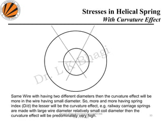 Stresses in Helical Spring
With Curvature Effect
33
Design of Machine Elements II MEC306
(Dr. L K Bhagi)
Same Wire with having two different diameters then the curvature effect will be
more in the wire having small diameter. So, more and more having spring
index (D/d) the lesser will be the curvature effect, e.g. railway carriage springs
are made with large wire diameter relatively small coil diameter then the
curvature effect will be predominately very high.
 