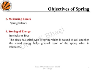 Objectives of Spring
3. Measuring Forces
Spring balance
4. Storing of Energy
In clocks or Toys
The clock has spiral type of spring which is wound to coil and then
the stored energy helps gradual recoil of the spring when in
operation.
4
Design of Machine Elements II MEC306
(Dr. L K Bhagi)
 