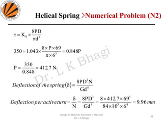 41
Design of Machine Elements II MEC306
(Dr. L K Bhagi)
N7412
8480
350
P
P8480
6
69P8
0431350
d
PD8
K
3
3S
.
.
..
==
=


=

=
( ) 4
3
Gd
NPD8
=springtheofDeflection
mm.
.
turnactiveperDeflection 969
61084
6974128
Gd
PD8
N 43
3
4
3
=


==

=
Helical Spring >Numerical Problem (N2)
 