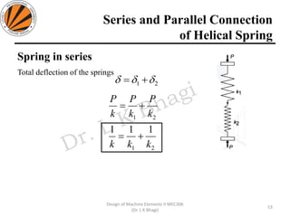Series and Parallel Connection
of Helical Spring
Spring in series
Total deflection of the springs
21  +=
21
21
111
kkk
k
P
k
P
k
P
+=
+=
53
Design of Machine Elements II MEC306
(Dr. L K Bhagi)
 