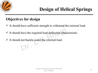 Design of Helical Springs
Objectives for design
✓ It should have sufficient strength to withstand the external load.
✓ It should have the required load-deflection characteristic.
✓ It should not buckle under the external load.
55
Design of Machine Elements II MEC306
(Dr. L K Bhagi)
 