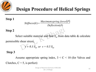 Design Procedure of Helical Springs
Step 1
Step 2
Select suitable material and find Sut from data table & calculate
permissible shear stress,
τ = 0.3 Sut or τ = 0.5 Sut
Step 3
Assume appropriate spring index, 3 < C < 10 (for Valves and
Clutches, C = 5, is perfect)
59
Design of Machine Elements II MEC306
(Dr. L K Bhagi)
( )
)(
)(
Deflection
PforcespringMaximum
kStiffness =
 