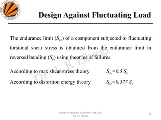Design Against Fluctuating Load
77
Design of Machine Elements II MEC306
(Dr. L K Bhagi)
The endurance limit (Sse) of a component subjected to fluctuating
torsional shear stress is obtained from the endurance limit in
reversed bending (Se) using theories of failures.
According to max shear stress theory Sse=0.5 Se
According to distortion energy theory Sse=0.577 Se
 
