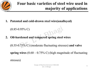 Four basic varieties of steel wire used in
majority of applications
1. Patented and cold-drawn steel wire(unalloyed)
(0.85-0.95% C)
2. Oil-hardened and tempered spring steel wires
(0.55-0.75% C) (moderate fluctuating stresses) and valve
spring wires (0.60 – 0.75% C) (high magnitude of fluctuating
stresses)
8
Design of Machine Elements II MEC306
(Dr. L K Bhagi)
 
