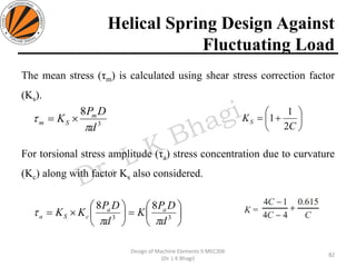 Helical Spring Design Against
Fluctuating Load
82
Design of Machine Elements II MEC306
(Dr. L K Bhagi)
The mean stress (τm) is calculated using shear stress correction factor
(Ks).
For torsional stress amplitude (τa) stress concentration due to curvature
(Kc) along with factor Ks also considered.
3
8
d
DP
K m
Sm

 = 





+=
C
KS
2
1
1






=





= 33
88
d
DP
K
d
DP
KK aa
cSa


 