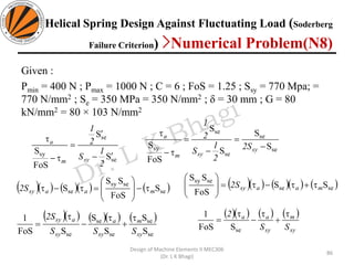 Given :
Pmin = 400 N ; Pmax = 1000 N ; C = 6 ; FoS = 1.25 ; Ssy = 770 Mpa; =
770 N/mm2 ; Se = 350 MPa = 350 N/mm2 ; δ = 30 mm ; G = 80
kN/mm2 = 80 × 103 N/mm2
86
Design of Machine Elements II MEC306
(Dr. L K Bhagi)
se
se
sy
S
S
FoS
S
−

=
−

2
1
S
2
1
sym
a
se
se
se
se
sy S
S
S
S
FoS
S −
=
−
=
−

sy
sym
a
2S
2
1
S
2
1
( )( ) ( )( ) ( )se
sesy
se S
FoS
SS
S maasy2S −







=− ( )( ) ( )( ) ( )sese
sesy
SS
FoS
SS
maasy2S +−=







( )( ) ( )( ) ( )
se
se
se
se
se S
S
S
S
SFoS
1
sy
m
sy
a
sy
asy
SSS
2S 
+

−

=
( )( ) ( ) ( )
sy
m
sy
aa
SS
2 
+

−

=
seSFoS
1
Helical Spring Design Against Fluctuating Load (Soderberg
Failure Criterion) >Numerical Problem(N8)
 