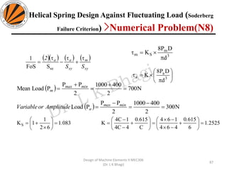 87
Design of Machine Elements II MEC306
(Dr. L K Bhagi)
3
m
Sm
d
DP8
K

=







= 3
a
a
d
DP8
K
( )( ) ( ) ( )
sy
m
sy
aa
SS
2 
+

−

=
seSFoS
1
( ) N700
2
4001000
2
PP
PLoadMean =
+
=
+
= minmax
m
( ) N300
2
4001000
2
PP
PLoad =
−
=
−
= minmax
aAmplitudeorVariable
0831
62
1
1KS .=






+= 25251
6
6150
464
164
C
6150
4C4
1C4
K .
..
=





+
−
−
=





+
−
−
=
Helical Spring Design Against Fluctuating Load (Soderberg
Failure Criterion) >Numerical Problem(N8)
 