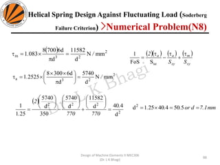 88
Design of Machine Elements II MEC306
(Dr. L K Bhagi)
( )( ) ( ) ( )
sy
m
sy
aa
SS
2 
+

−

=
seSFoS
1
( )
2
222
d
440d
11582
d
5740
350
d
5740
251
1 .
770770
2
.
=






+






−






=
( ) 2
23m mmN
d
11582
d
d67008
0831 /. =

=
2
23a mmN
d
5740
d
d63008
25251 /. =







=
mm7.1dor... === 550440251d2
Helical Spring Design Against Fluctuating Load (Soderberg
Failure Criterion) >Numerical Problem(N8)
 