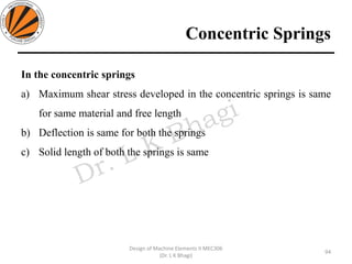 Concentric Springs
In the concentric springs
a) Maximum shear stress developed in the concentric springs is same
for same material and free length
b) Deflection is same for both the springs
c) Solid length of both the springs is same
94
Design of Machine Elements II MEC306
(Dr. L K Bhagi)
 