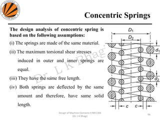 Concentric Springs
The design analysis of concentric spring is
based on the following assumptions:
(i) The springs are made of the same material.
(ii) The maximum torsional shear stresses
induced in outer and inner springs are
equal.
(iii) They have the same free length.
(iv) Both springs are deflected by the same
amount and therefore, have same solid
length.
96
Design of Machine Elements II MEC306
(Dr. L K Bhagi)
 