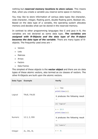 nothing but reserved memory locations to store values. This means
that, when you create a variable you reserve some space in memory.
You may like to store information of various data types like character,
wide character, integer, floating point, double floating point, Boolean etc.
Based on the data type of a variable, the operating system allocates
memory and decides what can be stored in the reserved memory.
In contrast to other programming languages like C and java in R, the
variables are not declared as some data type. The variables are
assigned with R-Objects and the data type of the R-object
becomes the data type of the variable. There are many types of R-
objects. The frequently used ones are −
 Vectors
 Lists
 Matrices
 Arrays
 Factors
 Data Frames
The simplest of these objects is the vector object and there are six data
types of these atomic vectors, also termed as six classes of vectors. The
other R-Objects are built upon the atomic vectors.
Data Type Example Verify
Logical TRUE, FALSE
v <- TRUE
print(class(v))
it produces the following result
−
[1] "logical"
Numeric 12.3, 5, 999
v <- 23.5
print(class(v))
it produces the following result
−
[1] "numeric"
Integer 2L, 34L, 0L v <- 2L
 