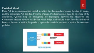 22
Push-Pull Model
Push-Pull is a communication model in which the data producers push the data to queues
and the consumers Pull the data from the Queues. Producers do not need to be aware of the
consumers. Queues help in decoupling the messaging between the Producers and
Consumers. Queues also act as a buffer which helps in situations when there is a mismatch
between the rate at which the producers push data and the rate rate at which the consumer
pull data.
 
