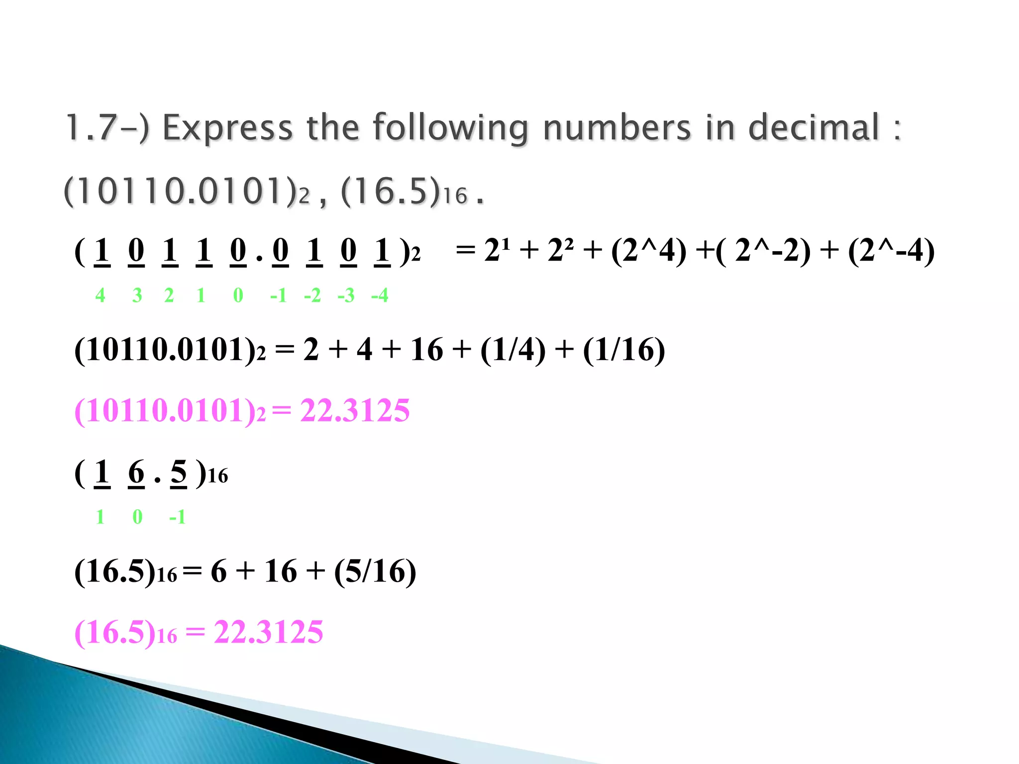 1.7-) Express the following numbers in decimal : 
(10110.0101)2 , (16.5)16 . 
( 1 0 1 1 0 . 0 1 0 1 )2 
4 3 2 1 0 -1 -2 -3 -4 
(10110.0101)2 = 2 + 4 + 16 + (1/4) + (1/16) 
(10110.0101)2 = 22.3125 
( 1 6 . 5 )16 
1 0 -1 
(16.5)16 = 6 + 16 + (5/16) 
(16.5)16 = 22.3125 
= 2¹ + 2² + (2^4) +( 2^-2) + (2^-4) 
 
