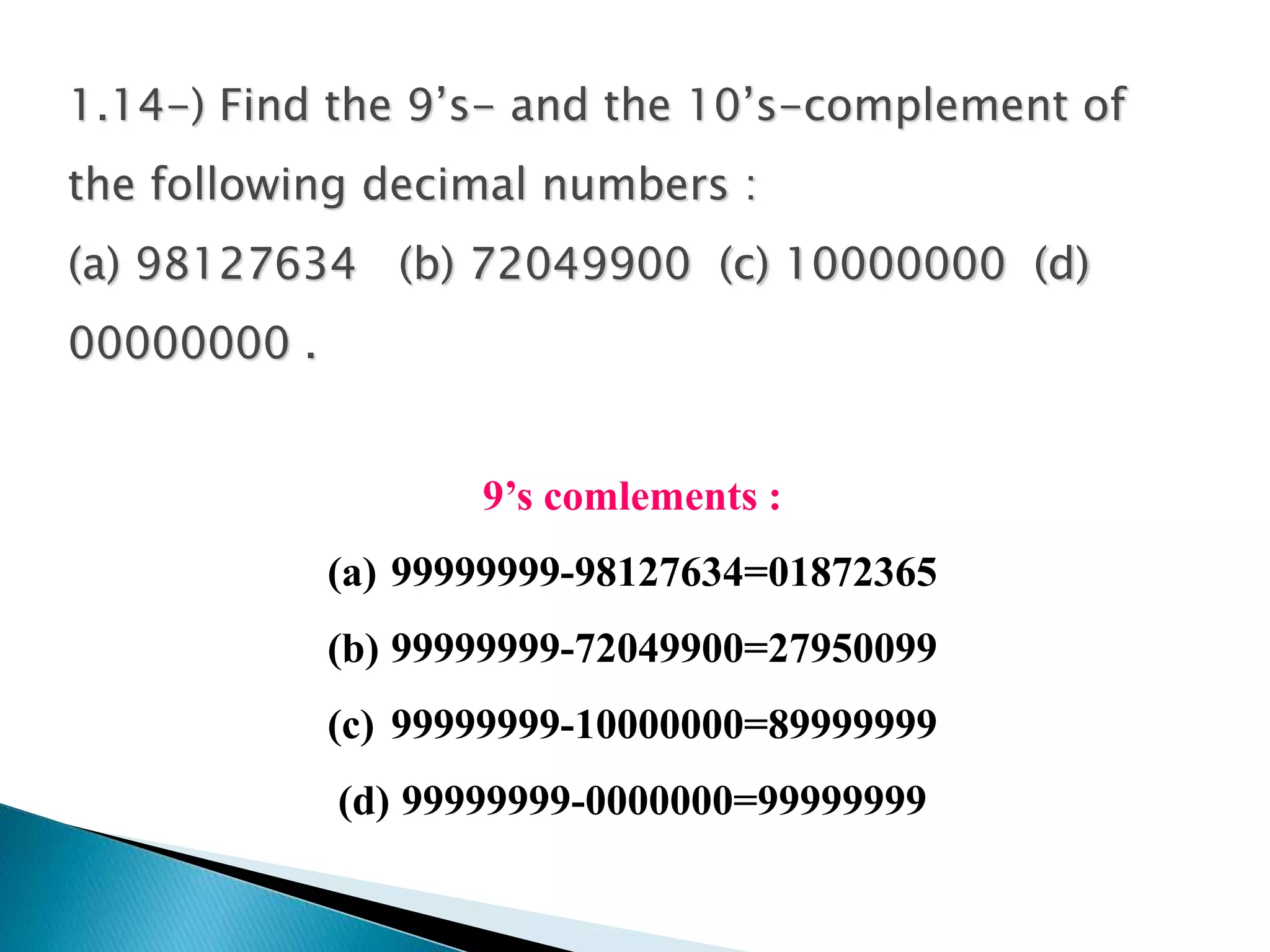 1.14-) Find the 9’s- and the 10’s-complement of 
the following decimal numbers : 
(a) 98127634 (b) 72049900 (c) 10000000 (d) 
00000000 . 
9’s comlements : 
(a) 99999999-98127634=01872365 
(b) 99999999-72049900=27950099 
(c) 99999999-10000000=89999999 
(d) 99999999-0000000=99999999 
 