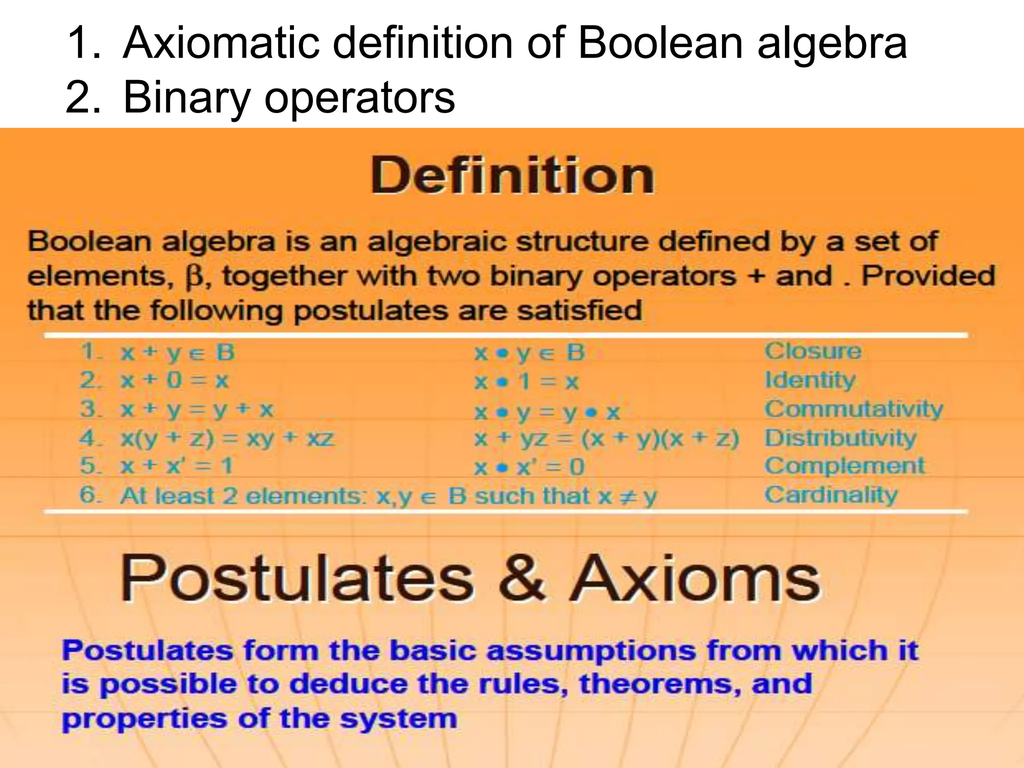 1. Axiomatic definition of Boolean algebra 
2. Binary operators 
 