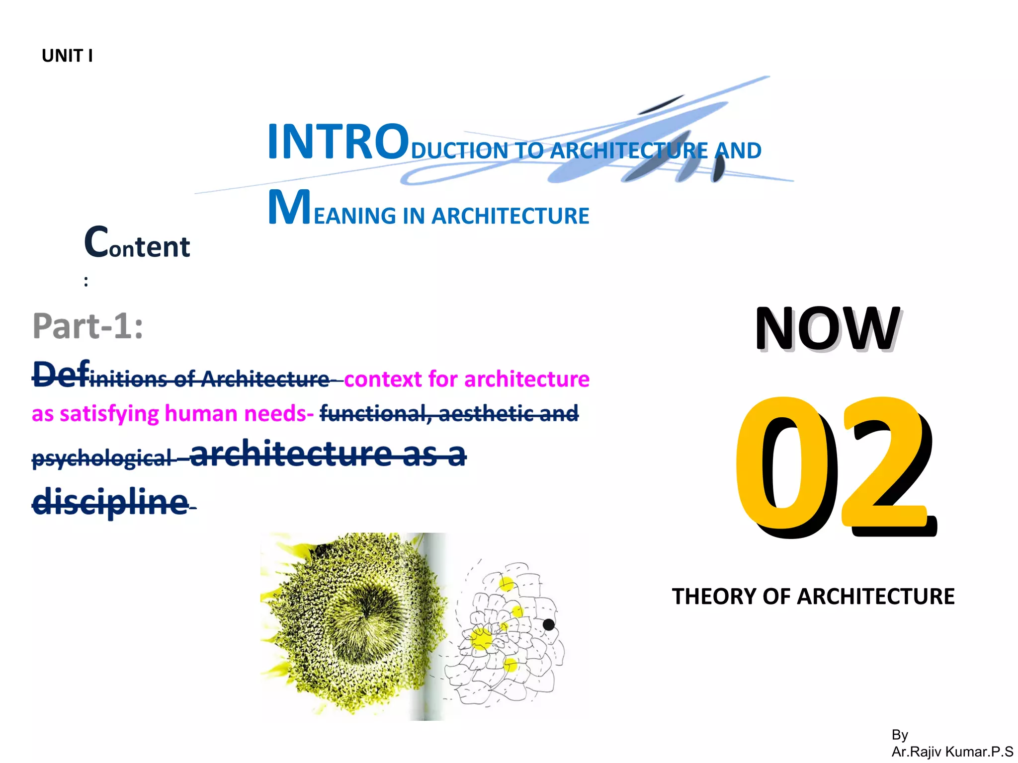 By
Ar.Rajiv Kumar.P.S
NOWNOW
0202THEORY OF ARCHITECTURE
UNIT I
INTRODUCTION TO ARCHITECTURE AND
MEANING IN ARCHITECTURE
Content
:
 