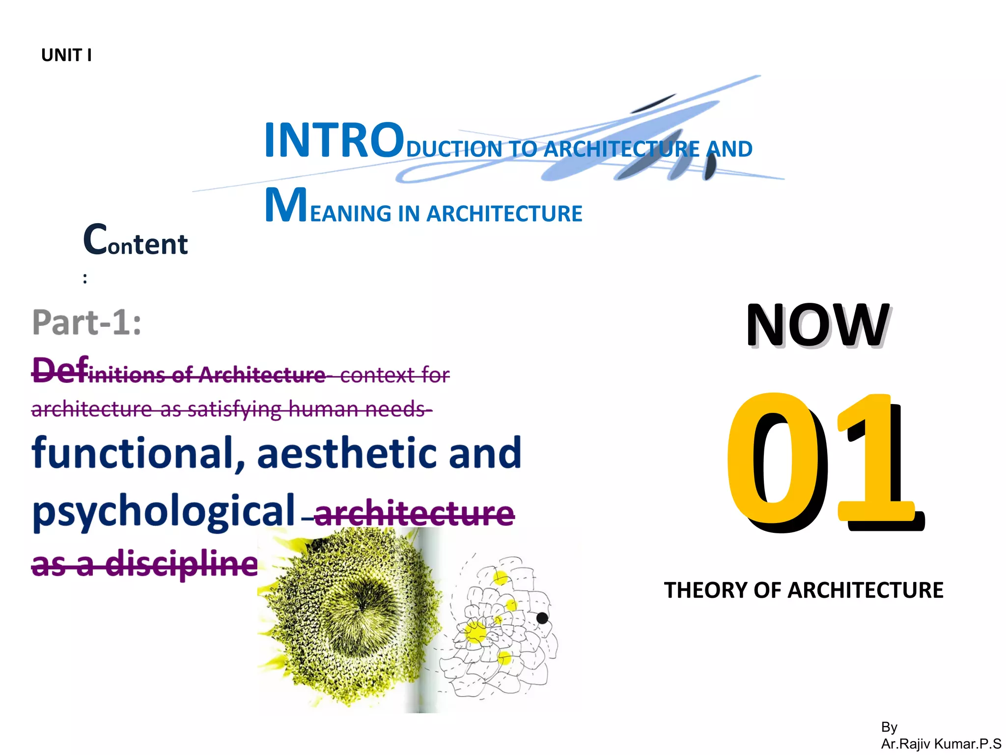 By
Ar.Rajiv Kumar.P.S
NOWNOW
0101THEORY OF ARCHITECTURE
UNIT I
INTRODUCTION TO ARCHITECTURE AND
MEANING IN ARCHITECTURE
Content
:
 